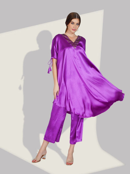 Stylish Satin V-neck Purple Co-ord Set