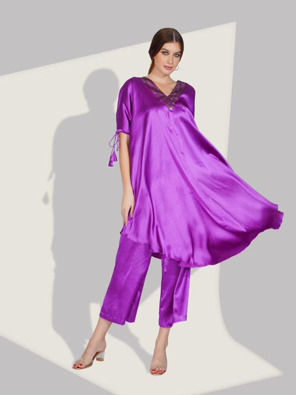Stylish Satin V-neck Purple Co-ord Set