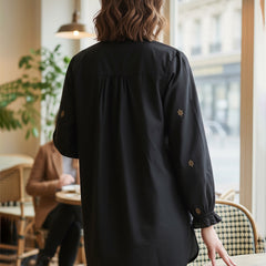 Black Embroidered Mandarin-Collar Shirt with Geometric Pattern