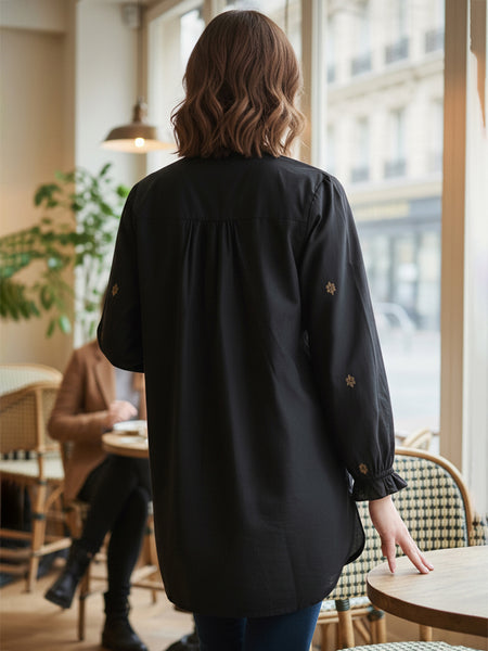 Black Embroidered Mandarin-Collar Shirt with Geometric Pattern