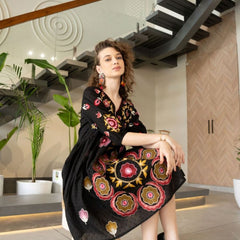 Chic Black Embroidered Cotton Midi Dress with V-Neck & Elbow Sleeves