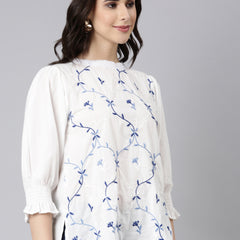 Elegant White Cotton Top With Blue Embroidery