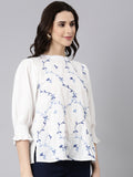 Elegant White Cotton Top With Blue Embroidery