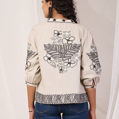 Black Embroidered Off White Cotton Jacket