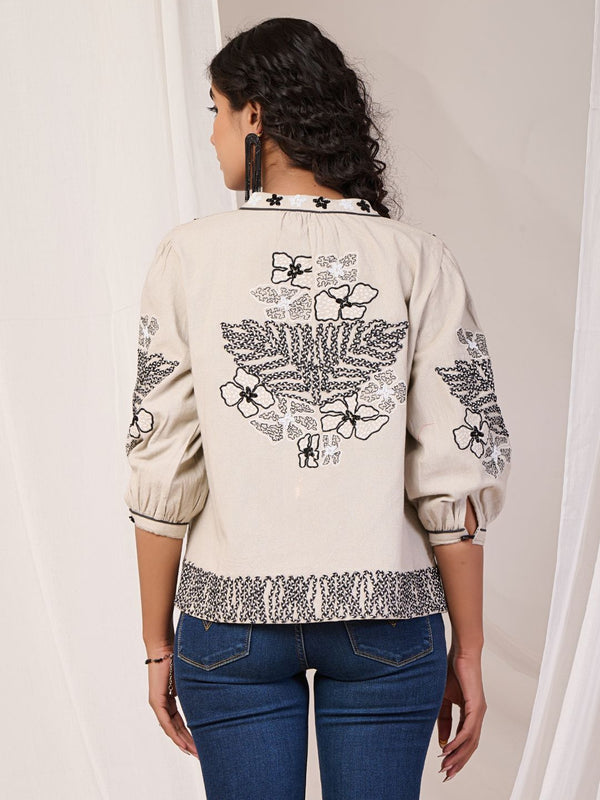 Black Embroidered Off White Cotton Jacket