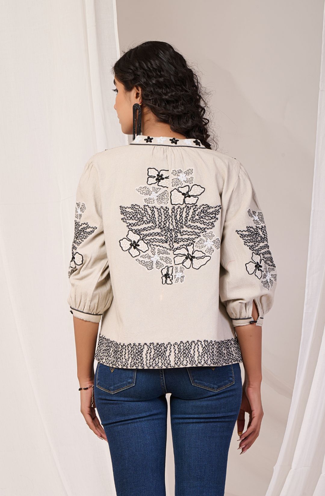 Black Embroidered Off White Cotton Jacket