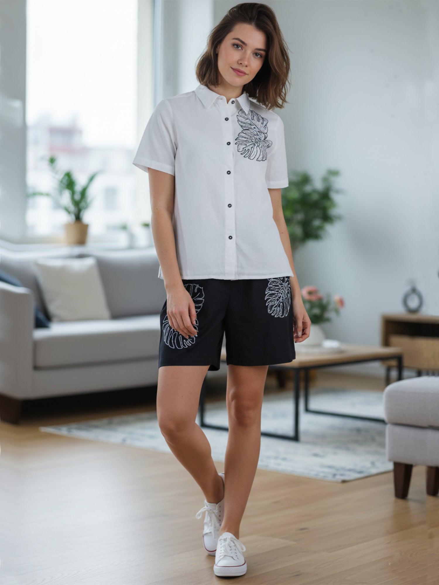 Classic Monochrome Floral Shirt & Shorts Set