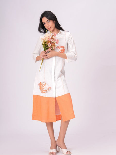 Airy Cotton Linen White Embroidered Midi Dress