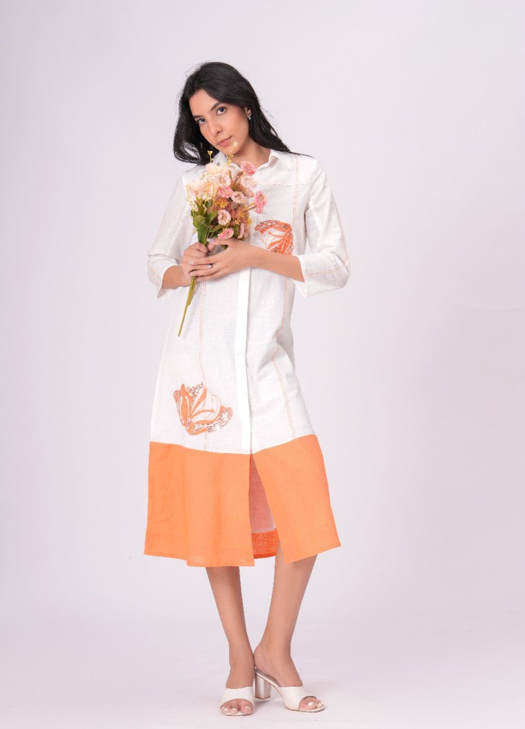 Airy Cotton Linen White Embroidered Midi Dress