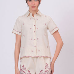 Blush Pink Embroidery Beige Cotton Co-ord Set