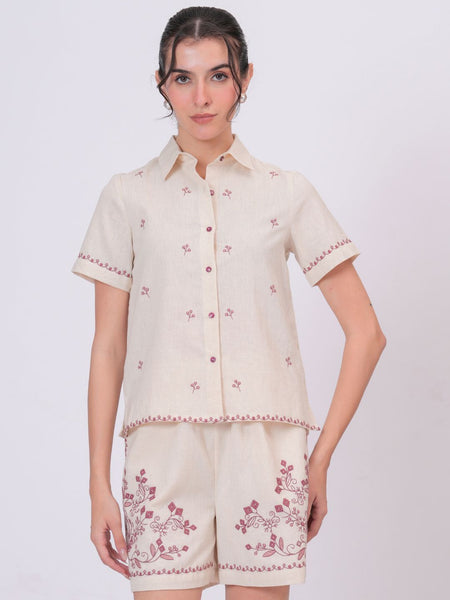 Blush Pink Embroidery Beige Cotton Co-ord Set