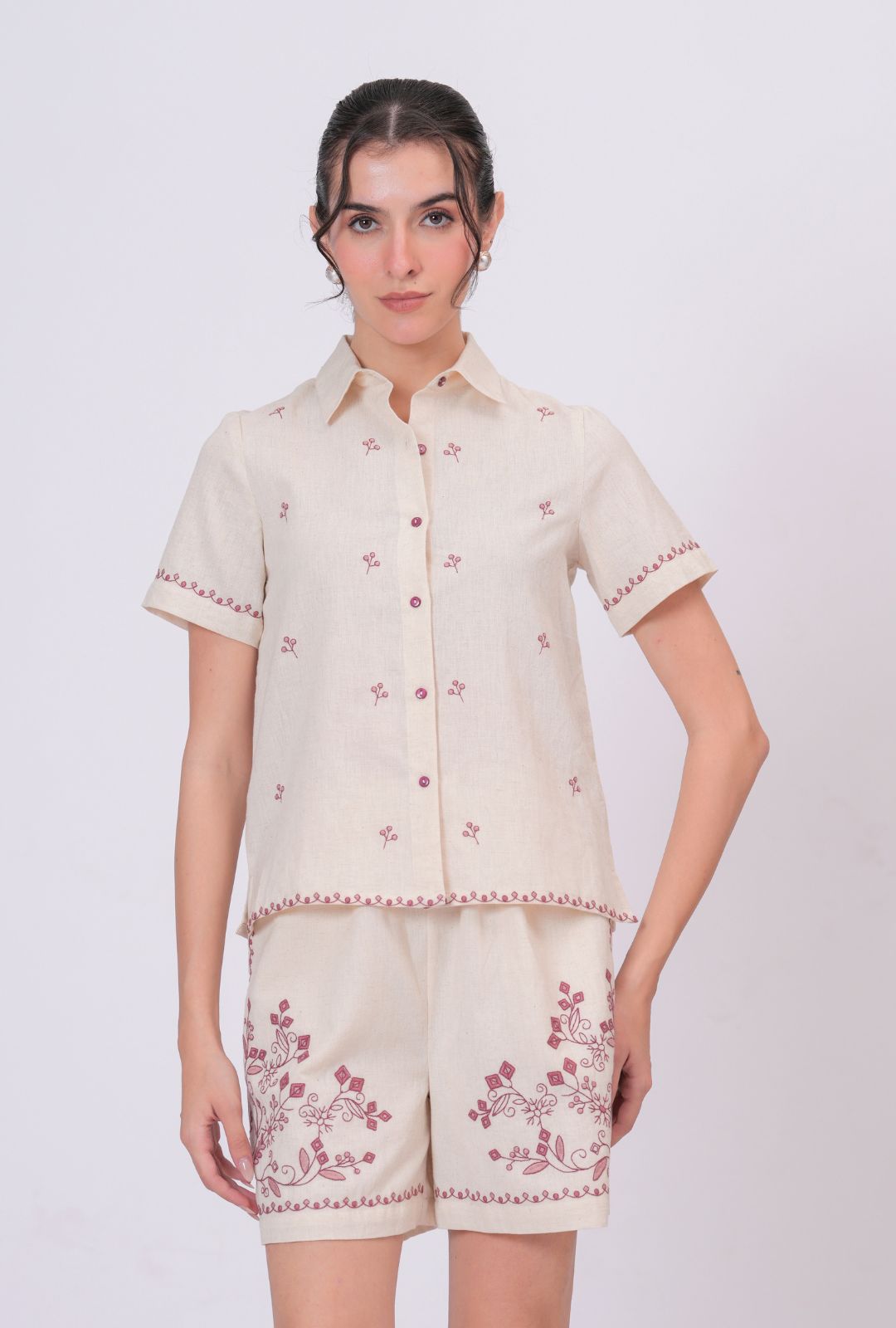Blush Pink Embroidery Beige Cotton Co-ord Set