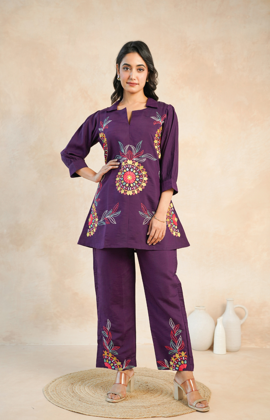 Graceful Purple Floral Embroidered Kurta with Pants