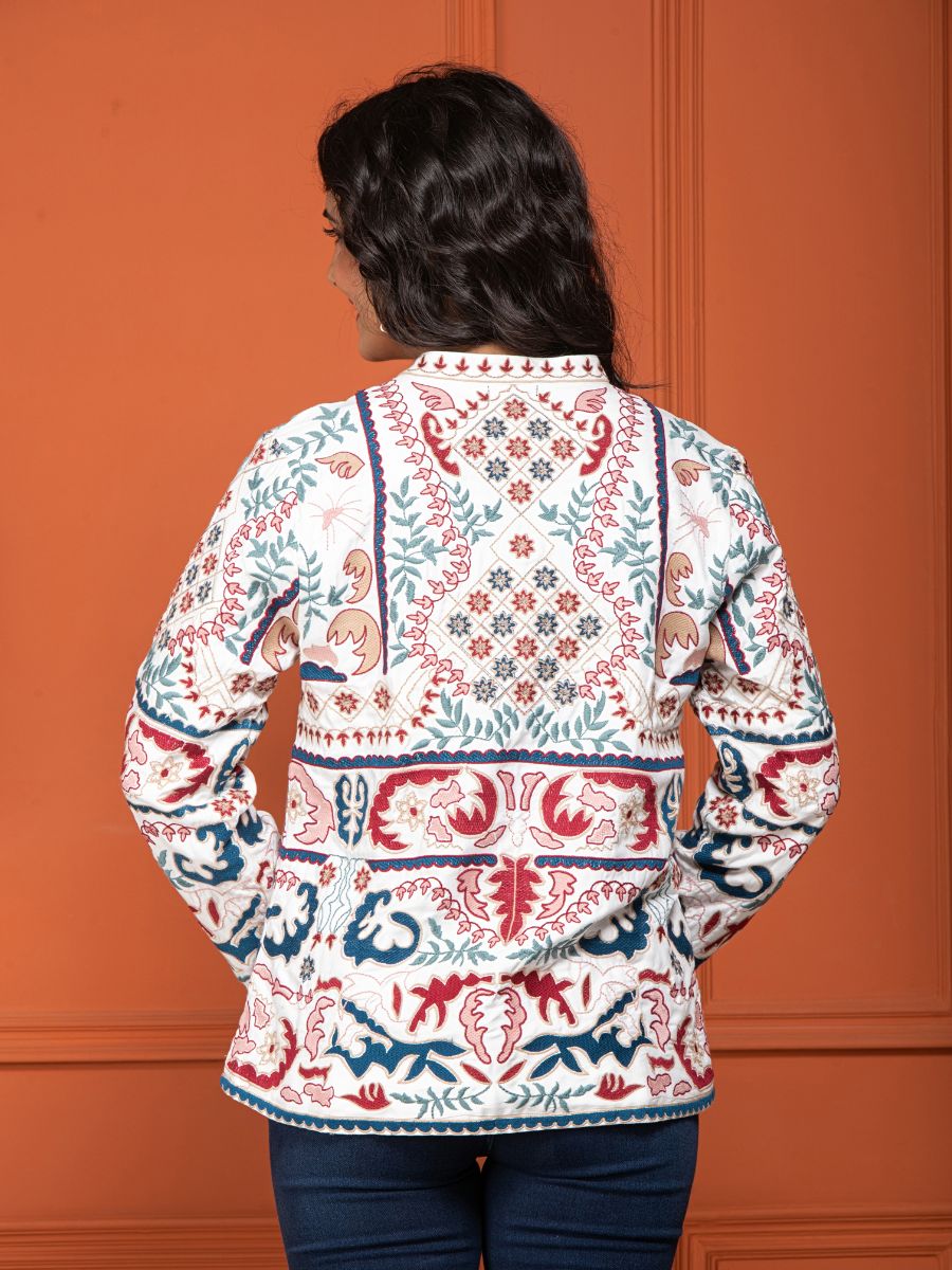 White Cotton Embroidered Short Jacket