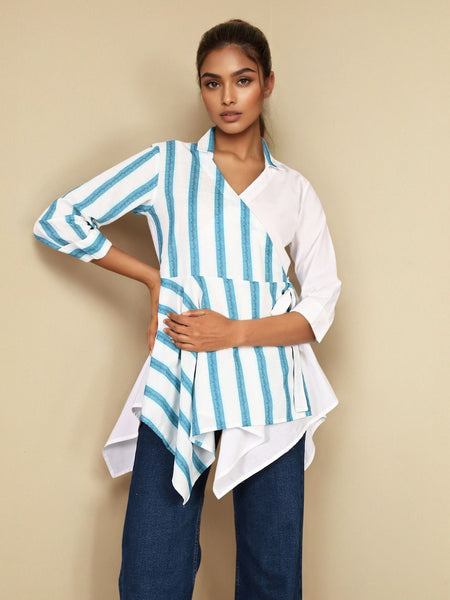 White Blue Cotton Wrap shirt