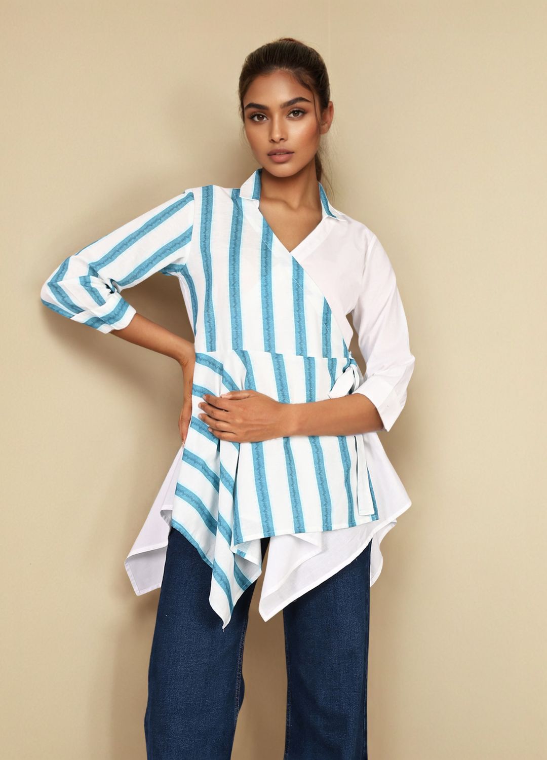 White Blue Cotton Wrap shirt