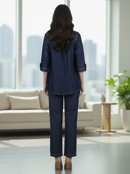 Viscose Navy Blue Embroidered Co Ord Set