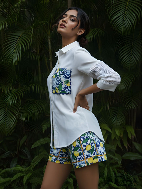 Contemporary Lemon Print Pocket Premium Cotton Shirt