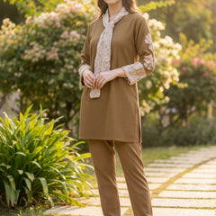 Classic Brown Woolen Embroidered Co-ord Set with Muffler