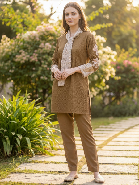 Classic Brown Woolen Embroidered Co-ord Set with Muffler