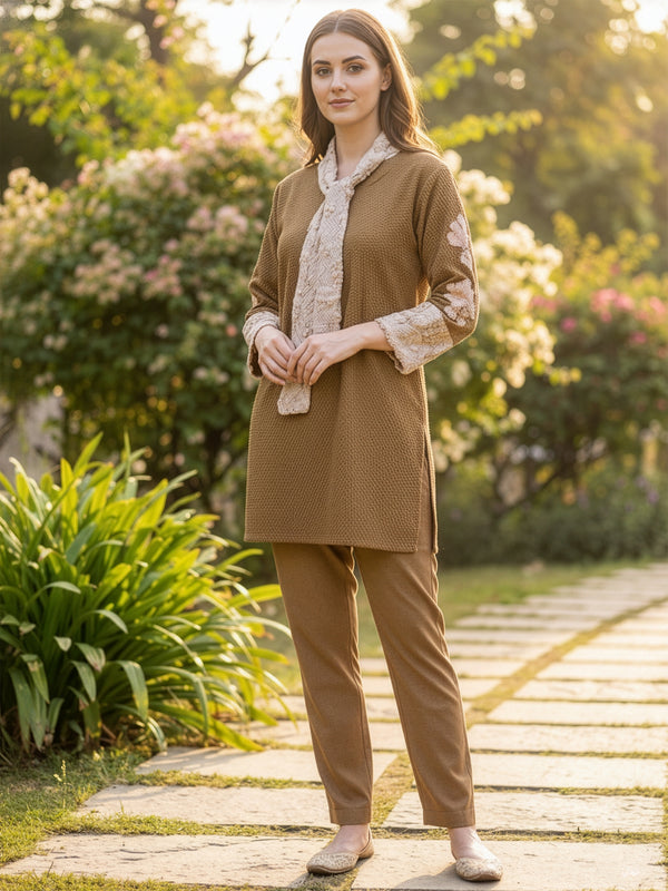 Classic Brown Woolen Embroidered Co-ord Set with Muffler