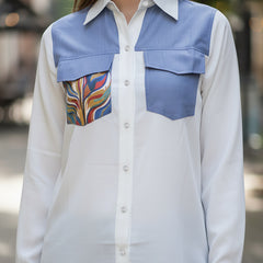 White & Blue Embroidered Tencel Crop Shirt with Collar Neck