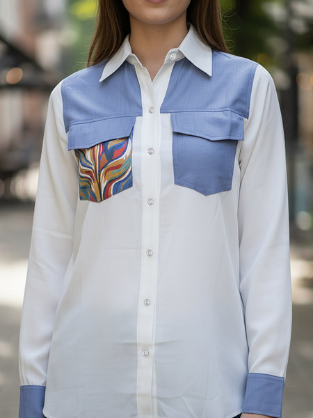 White & Blue Embroidered Tencel Crop Shirt with Collar Neck
