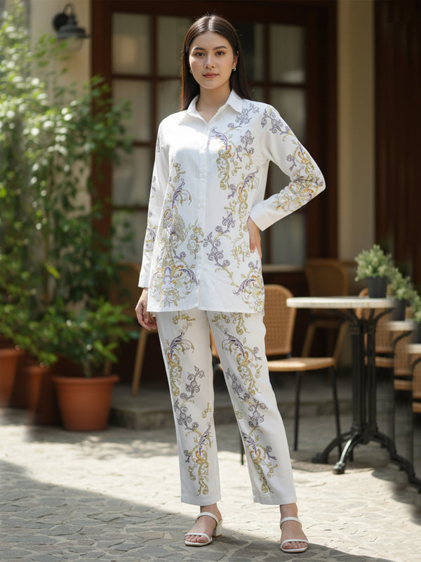 Luxury White Printed Full Sleeve Women’s Co-ord