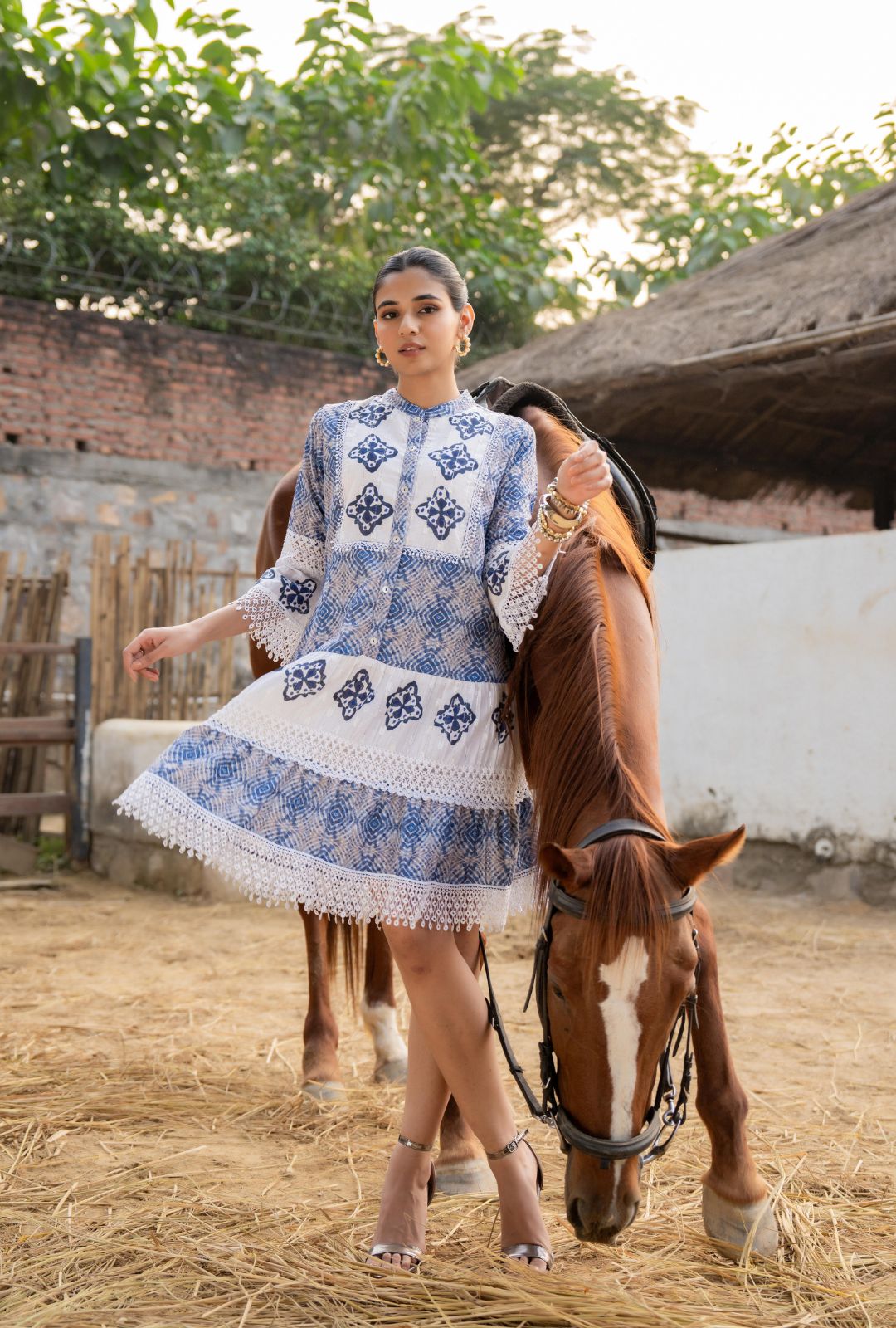 Blue Cotton Embroidered Mini Dress