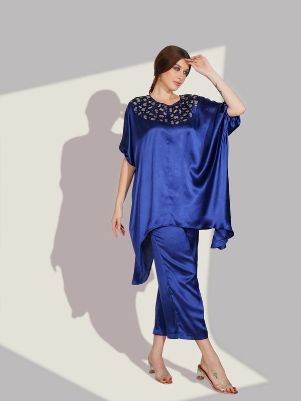Blue Satin Sequin Work Kaftan Co-ord Set