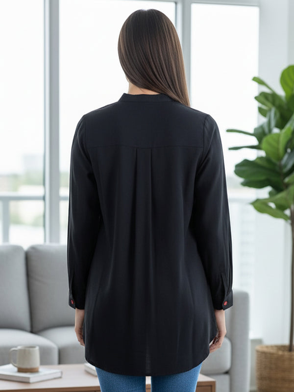 Classic Black High-Neck Embroidered Tunic Top
