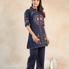 Stylish Navy Blue Embroidered Kurta with Matching Pants