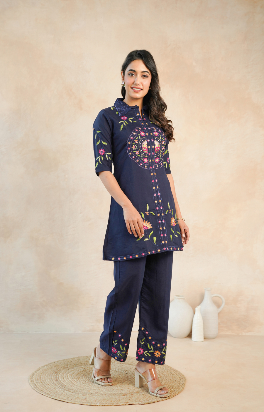 Stylish Navy Blue Embroidered Kurta with Matching Pants