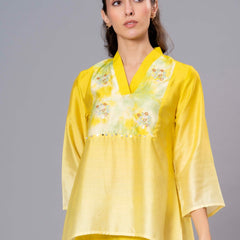 Yellow Satin Embroidered Top & Pant Co-ord Set