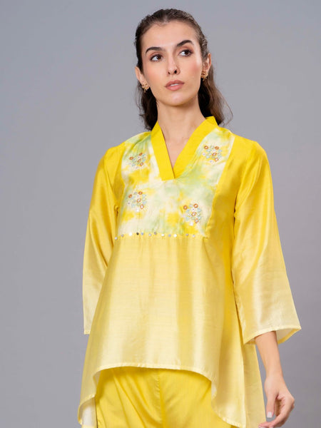 Yellow Satin Embroidered Top & Pant Co-ord Set
