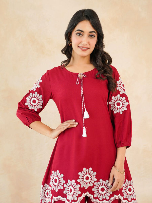 Stylish Red Flower Work Women’s Two-Piece Set