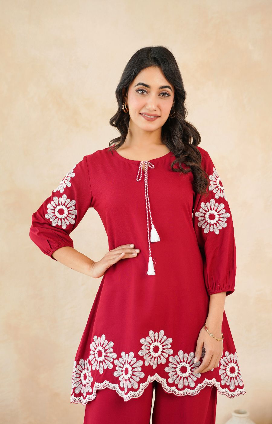 Stylish Red Flower Work Women’s Two-Piece Set