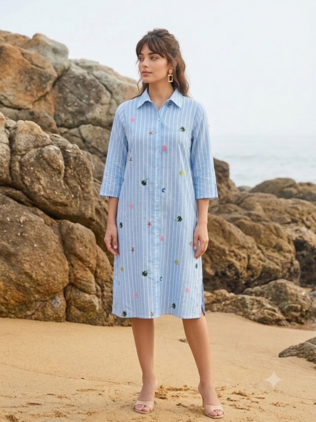 Elegant Sky Blue Embroidered Stripe Shirt Dress for Women