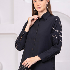 Black Co-Ord: Long Shirt & Trousers with Metallic Thread Work