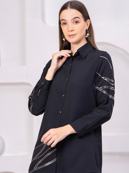 Black Co-Ord: Long Shirt & Trousers with Metallic Thread Work