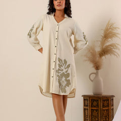 Beige flower embroidery Cotton Shirt Dress
