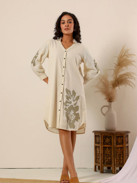 Beige flower embroidery Cotton Shirt Dress