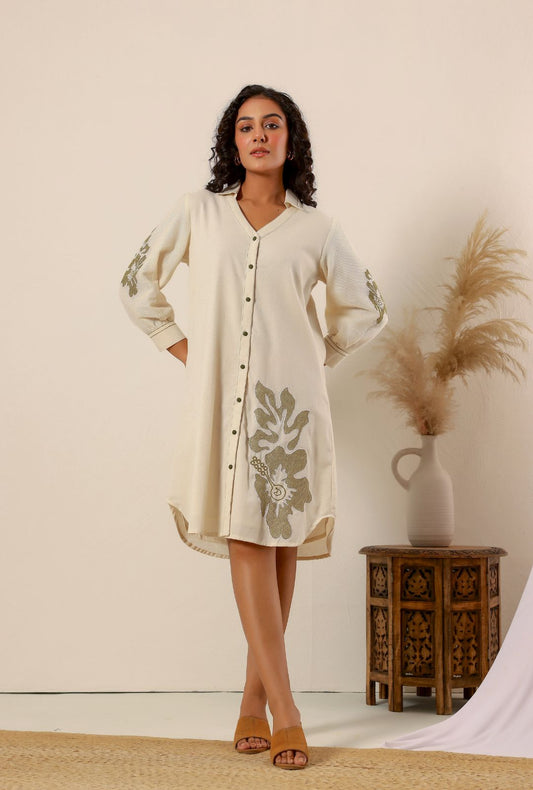 Beige flower embroidery Cotton Shirt Dress