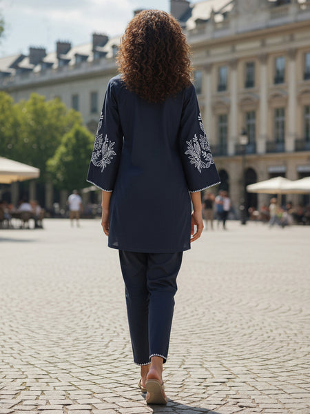 Navy Blue White Embroidered Co-ord Set