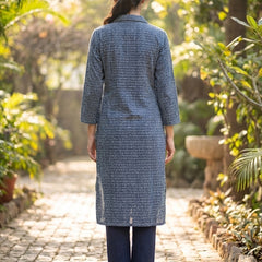 Women Navy Blue Textured Kurta with Pants – Coatrise Fabric