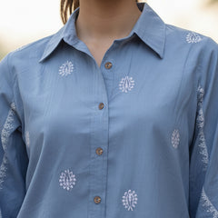 Sky Blue Handcrafted Embroidered Cotton Shirt with Statement Sleeves