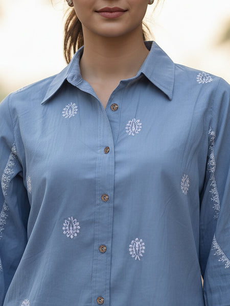 Sky Blue Handcrafted Embroidered Cotton Shirt with Statement Sleeves