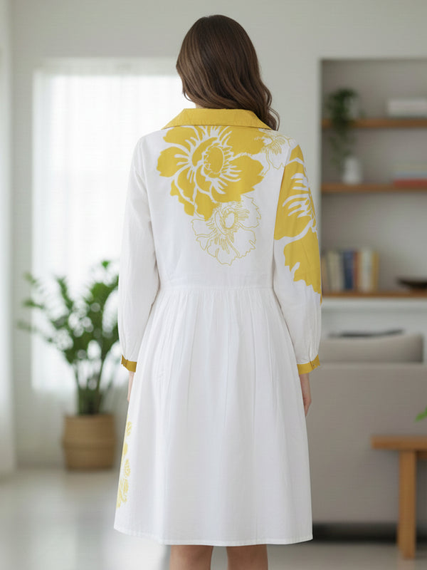 Stylish Yellow Cotton Cambric Printed Mini Dress