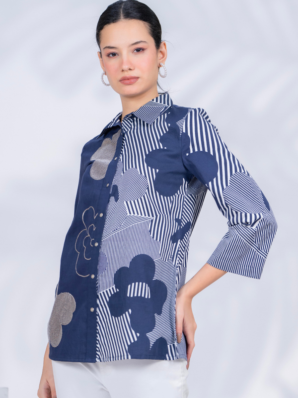 Women Designer Patchwork Navy Casual Shirt