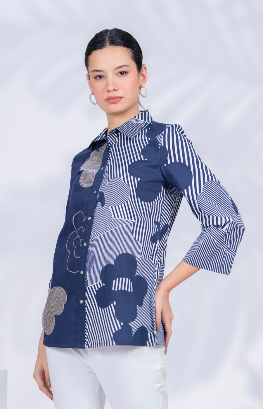 Women Designer Patchwork Navy Casual Shirt